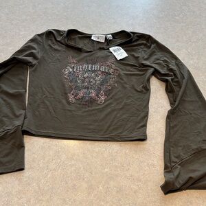 Graphic Nightmare Olive Green Crop Top with bell sleeves